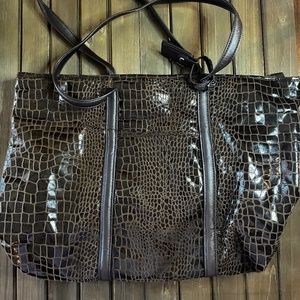 Dennis Basso Home brown tote bag faux leather animal print zip top 19"x15"